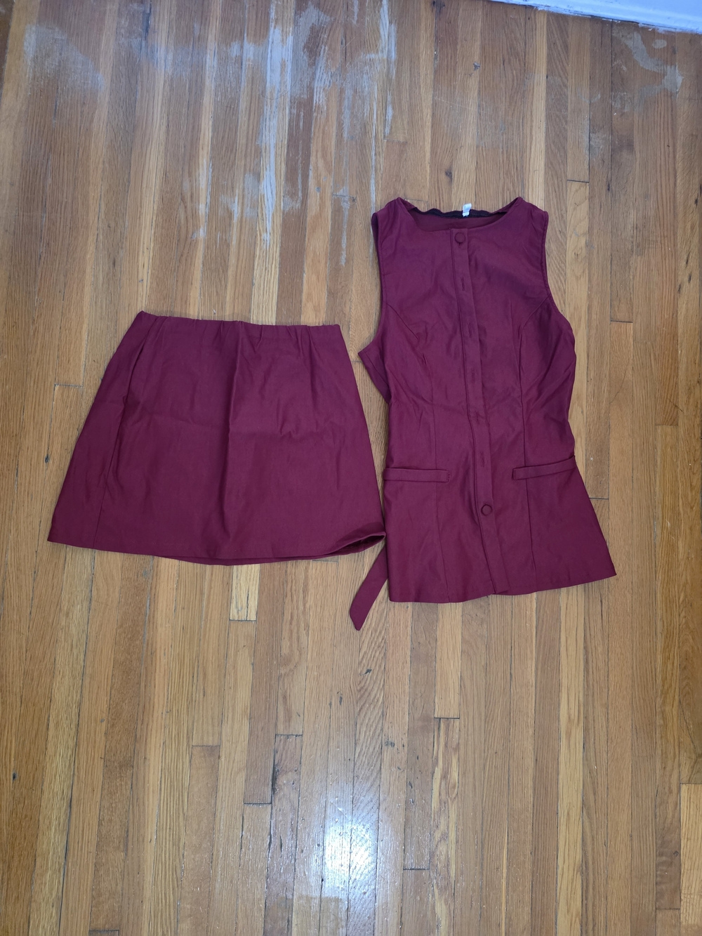 SHEIN Wine Red Sleeveless Tailored Top & Mini Skirt Set